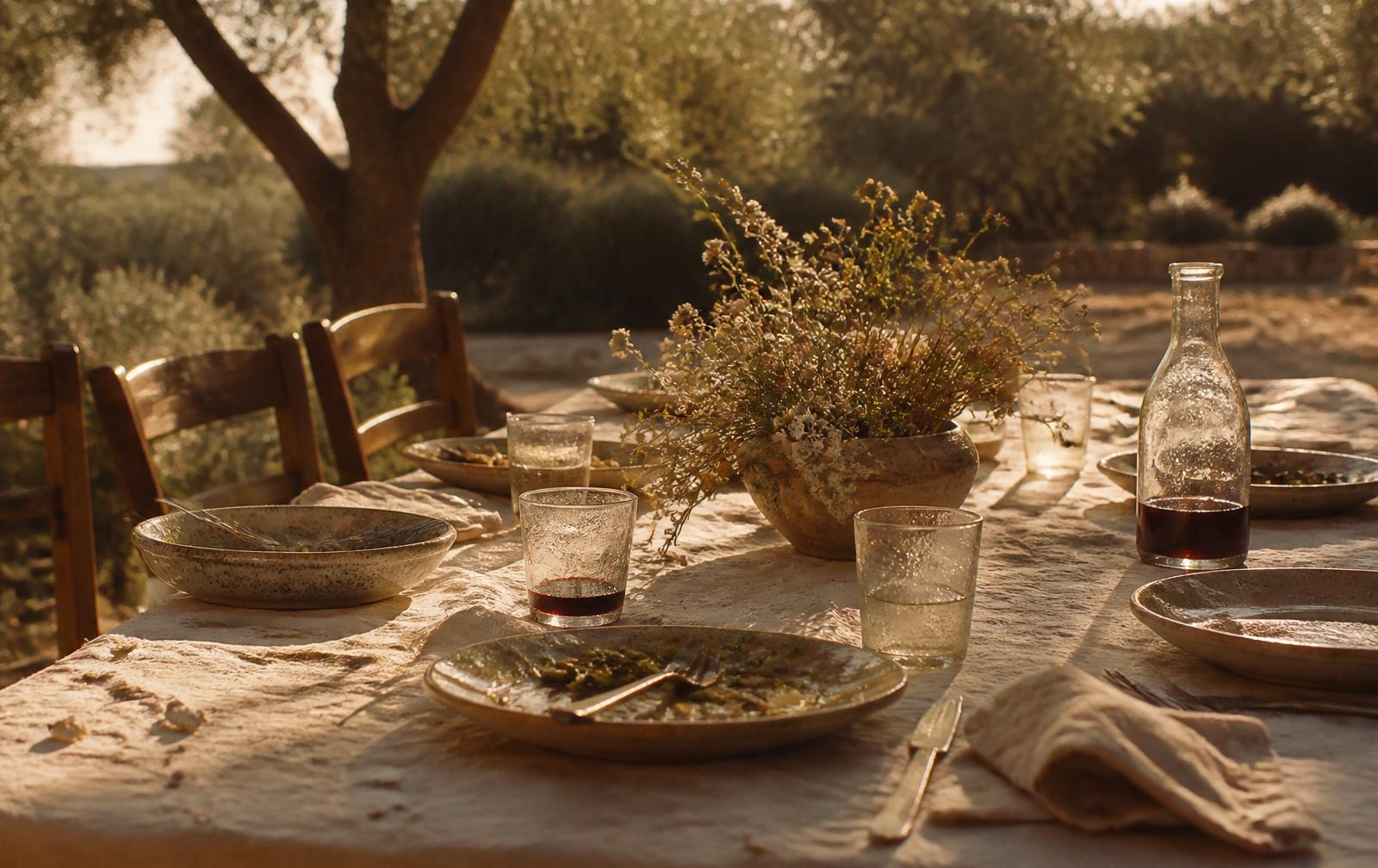 A long table set for a shared meal at golden hour — Aurea Vital editorial