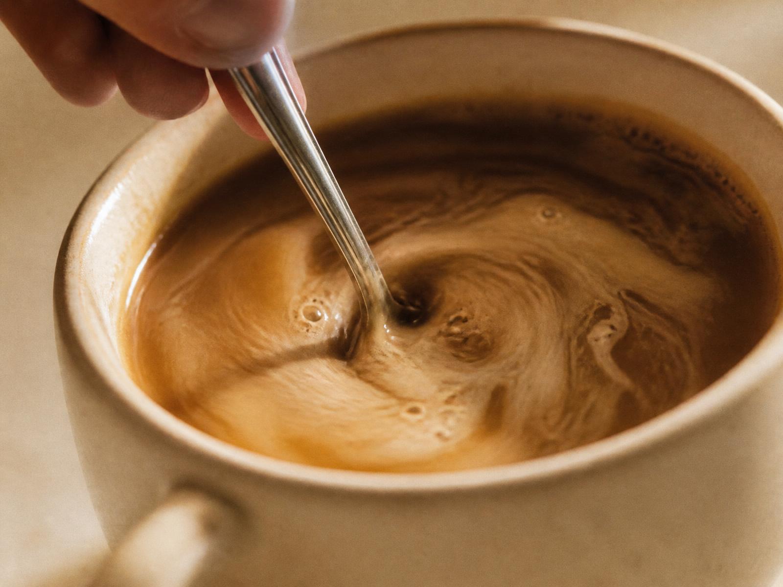 A hand stirring coffee in a cream ceramic cup, gentle swirl on the surface.