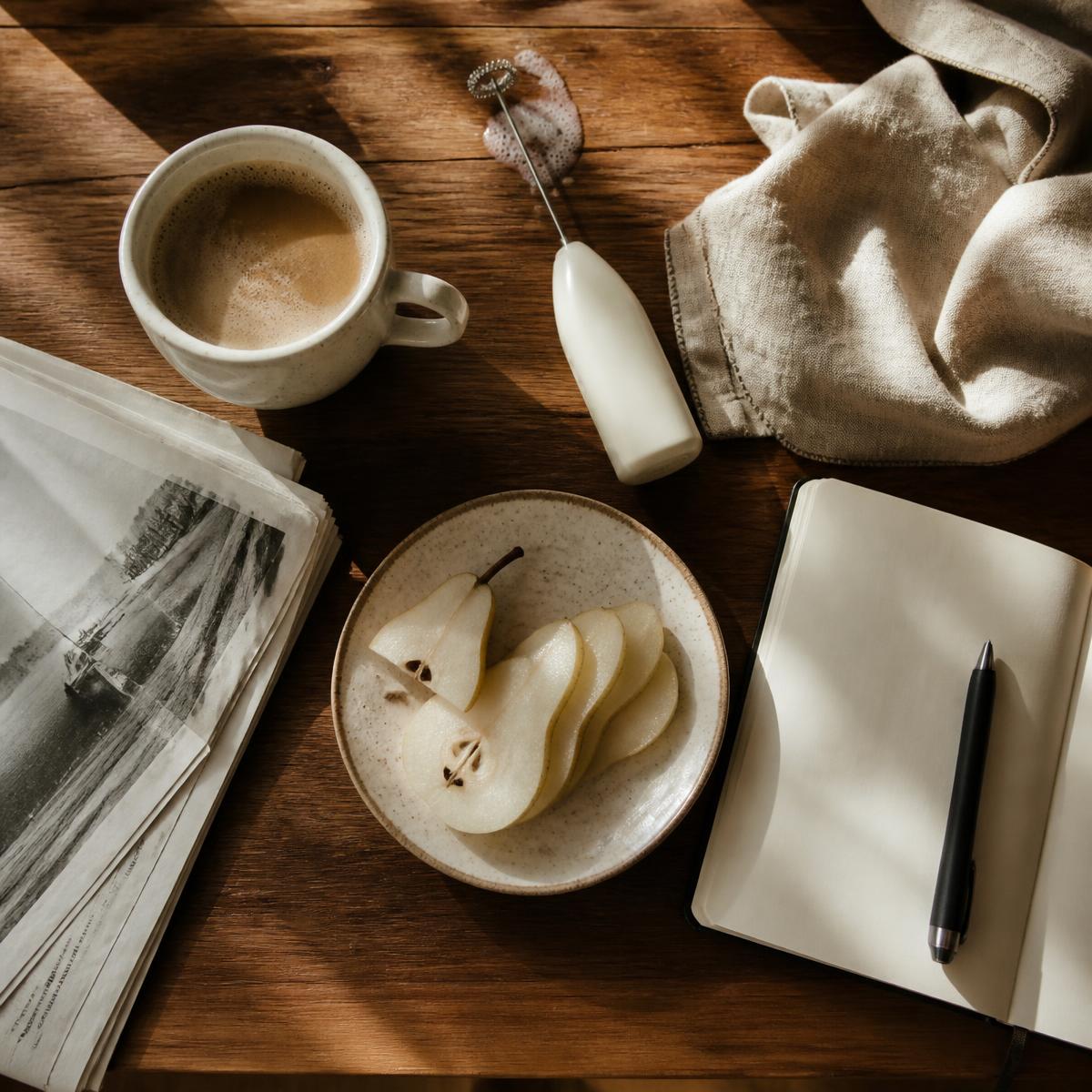 Overhead view of a lived-in breakfast table with coffee, notebook, frother and sliced pear in warm morning light.