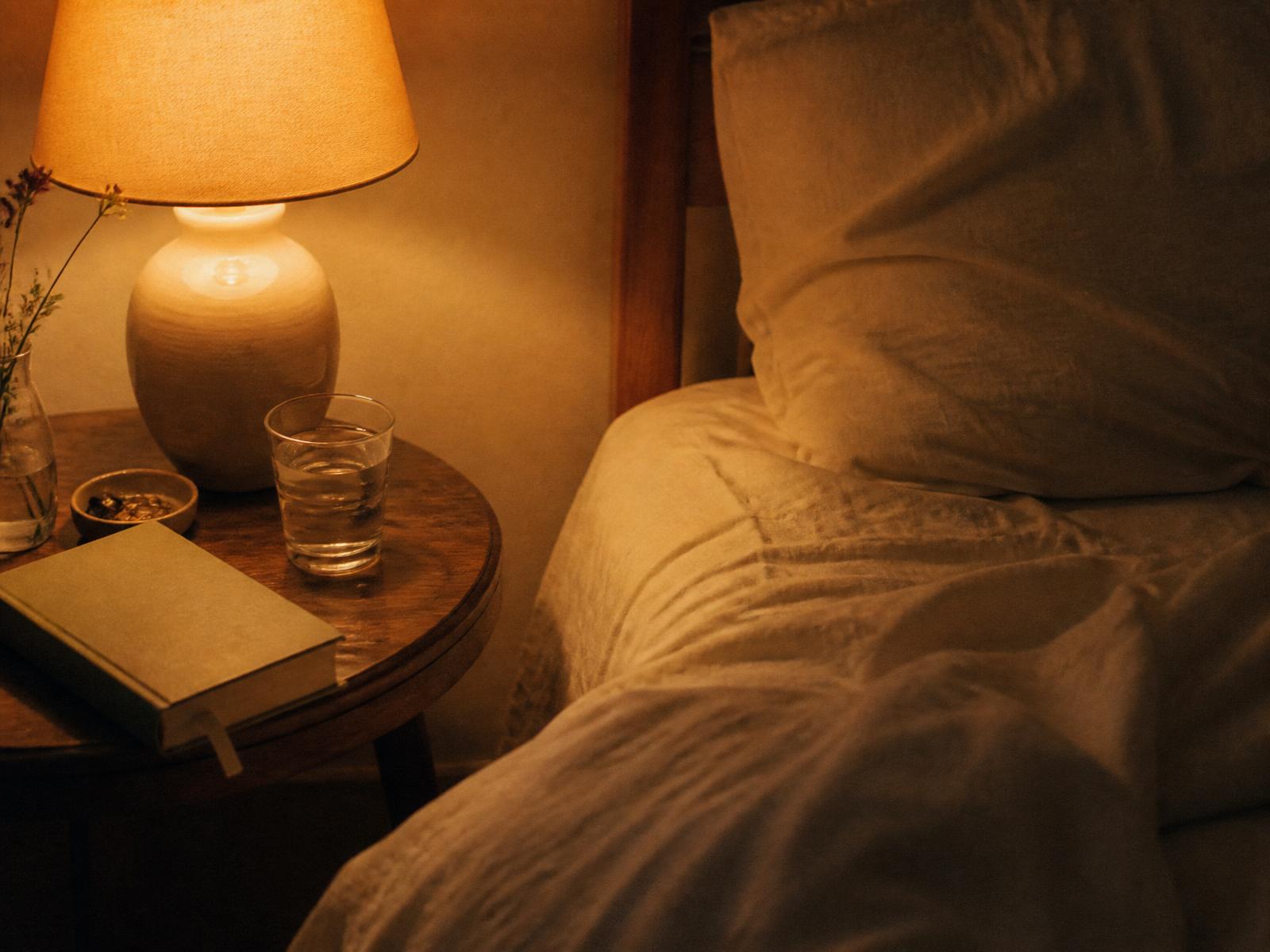A warm bedside lamp beside a folded book and glass of water on a wooden side table.