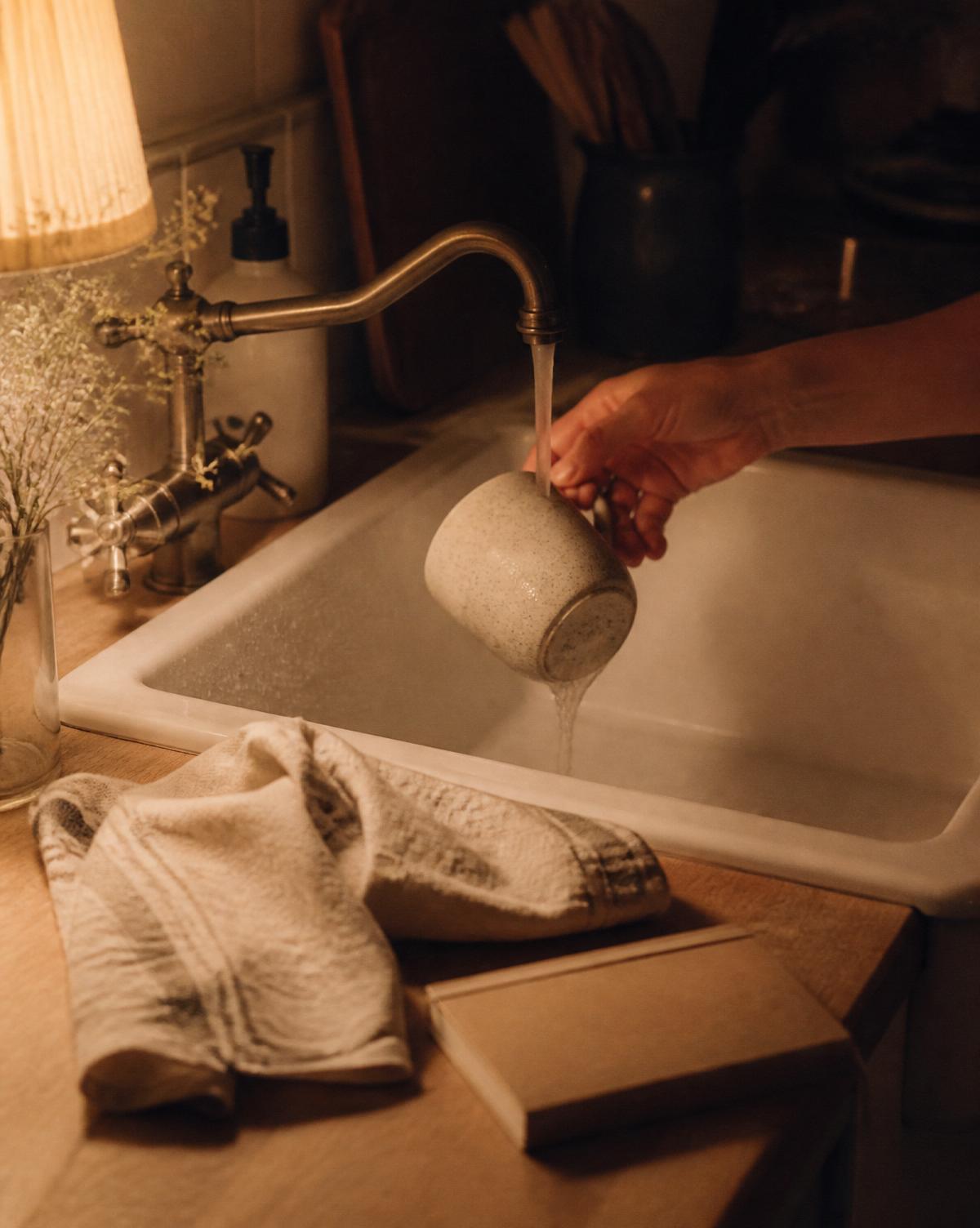 A ceramic mug being rinsed at a kitchen sink in low warm light with a folded linen tea towel nearby.