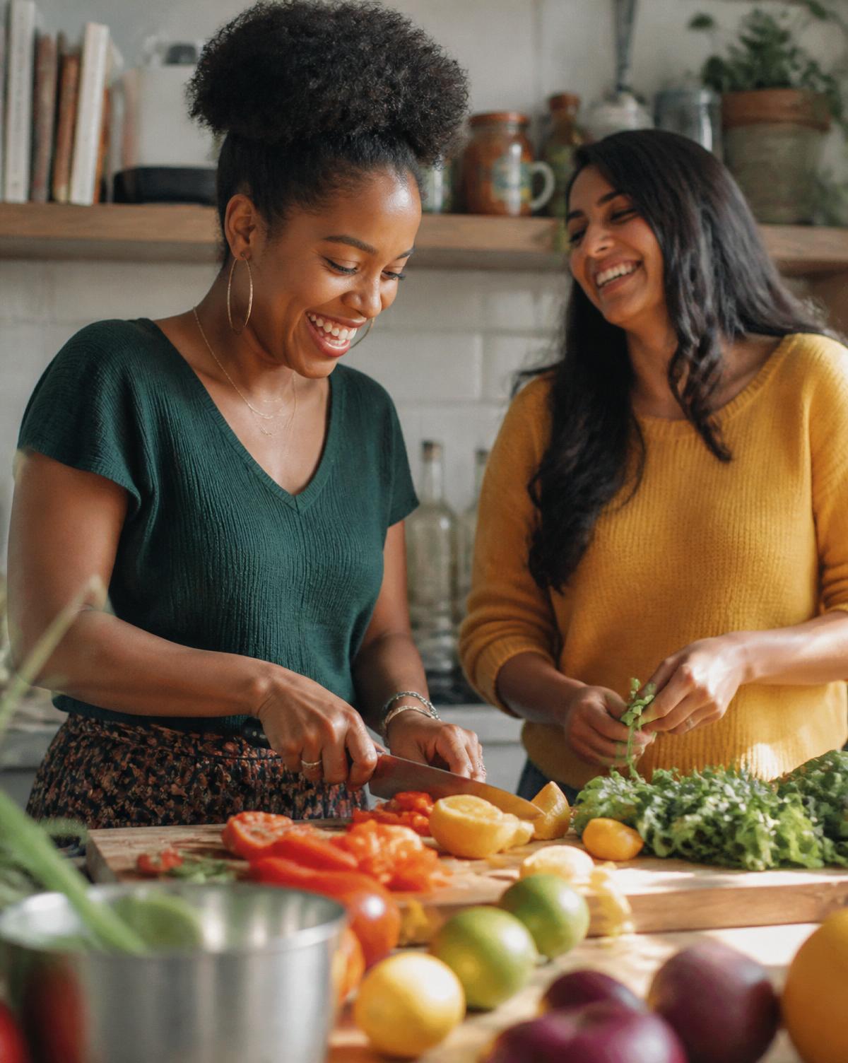 Two friends preparing a simple meal together at a kitchen counter in warm daylight.