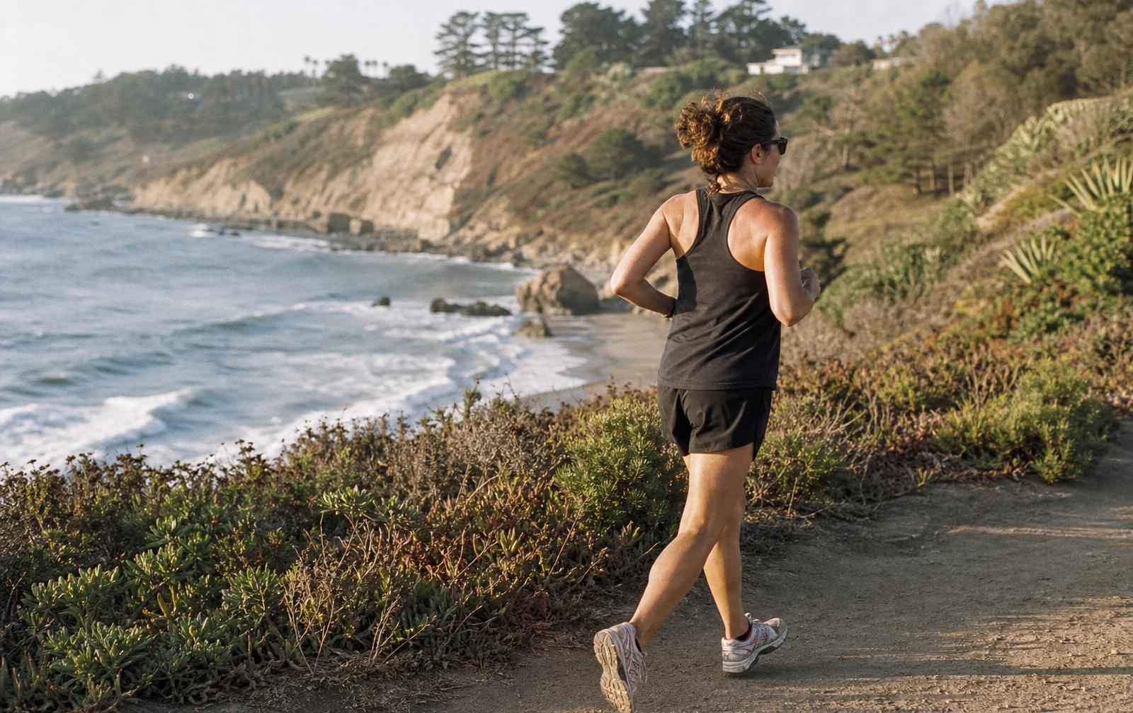 A woman running along a sunlit coastal path, surrounded by green cliffs and the ocean.