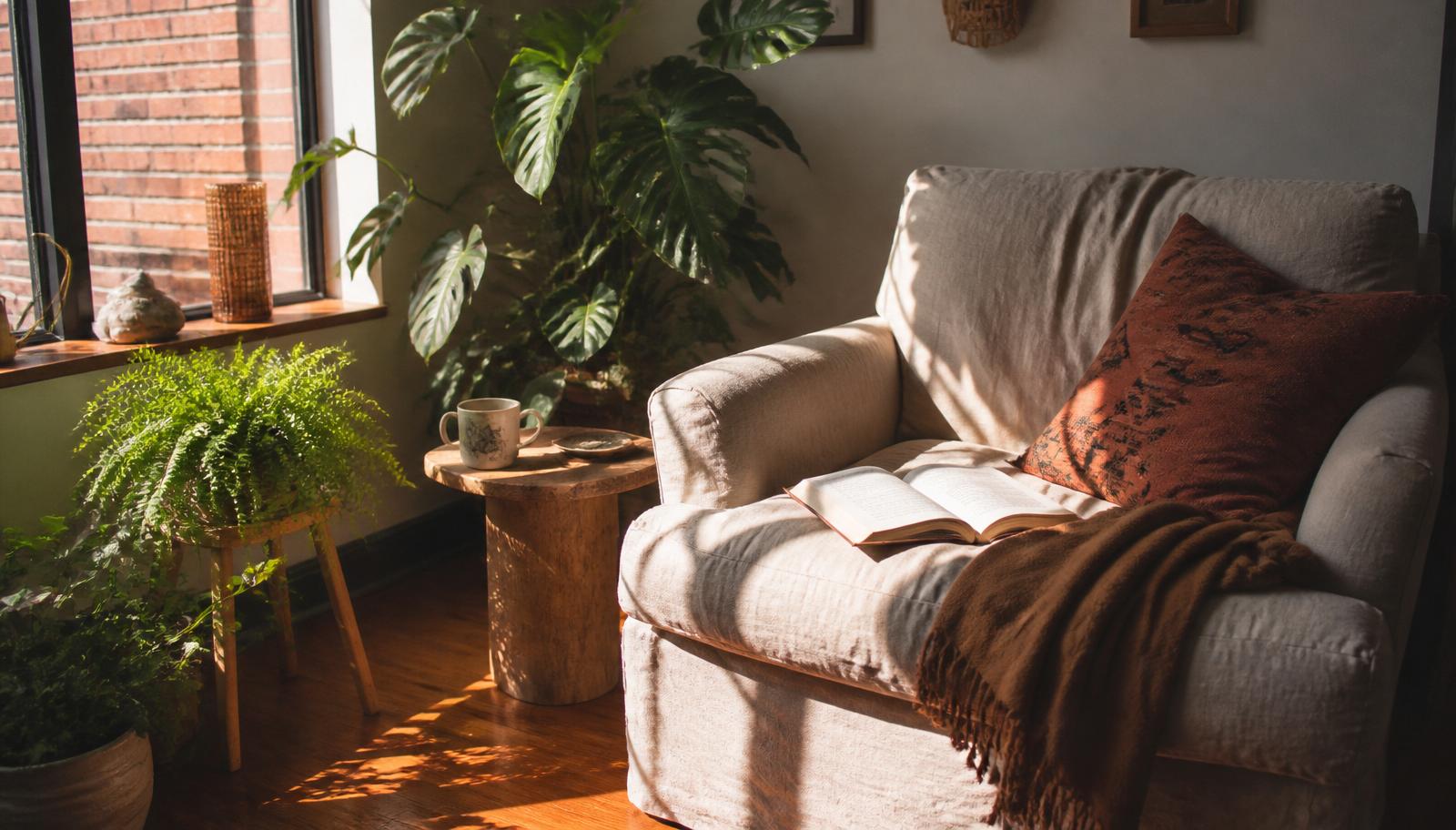 A quiet corner of a home with a comfortable chair, an open book, plants and daylight from a window near a wooden staircase.