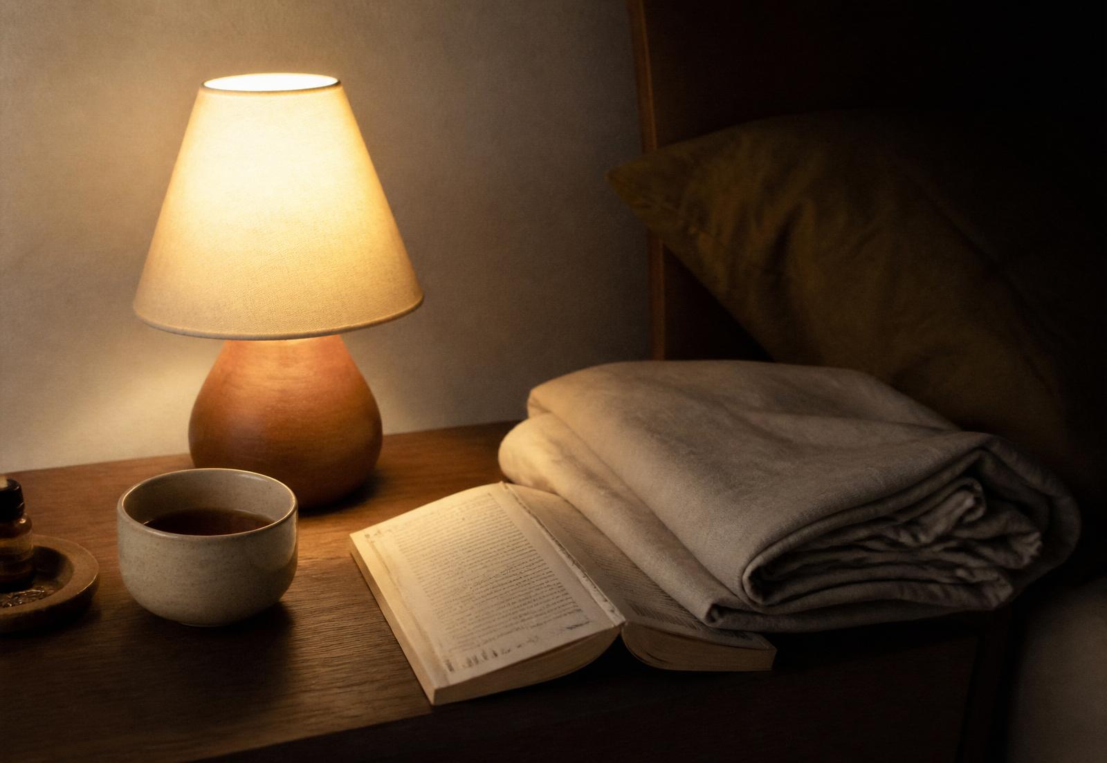 A small lamp, an open book, folded linen and a ceramic cup on a bedside table.