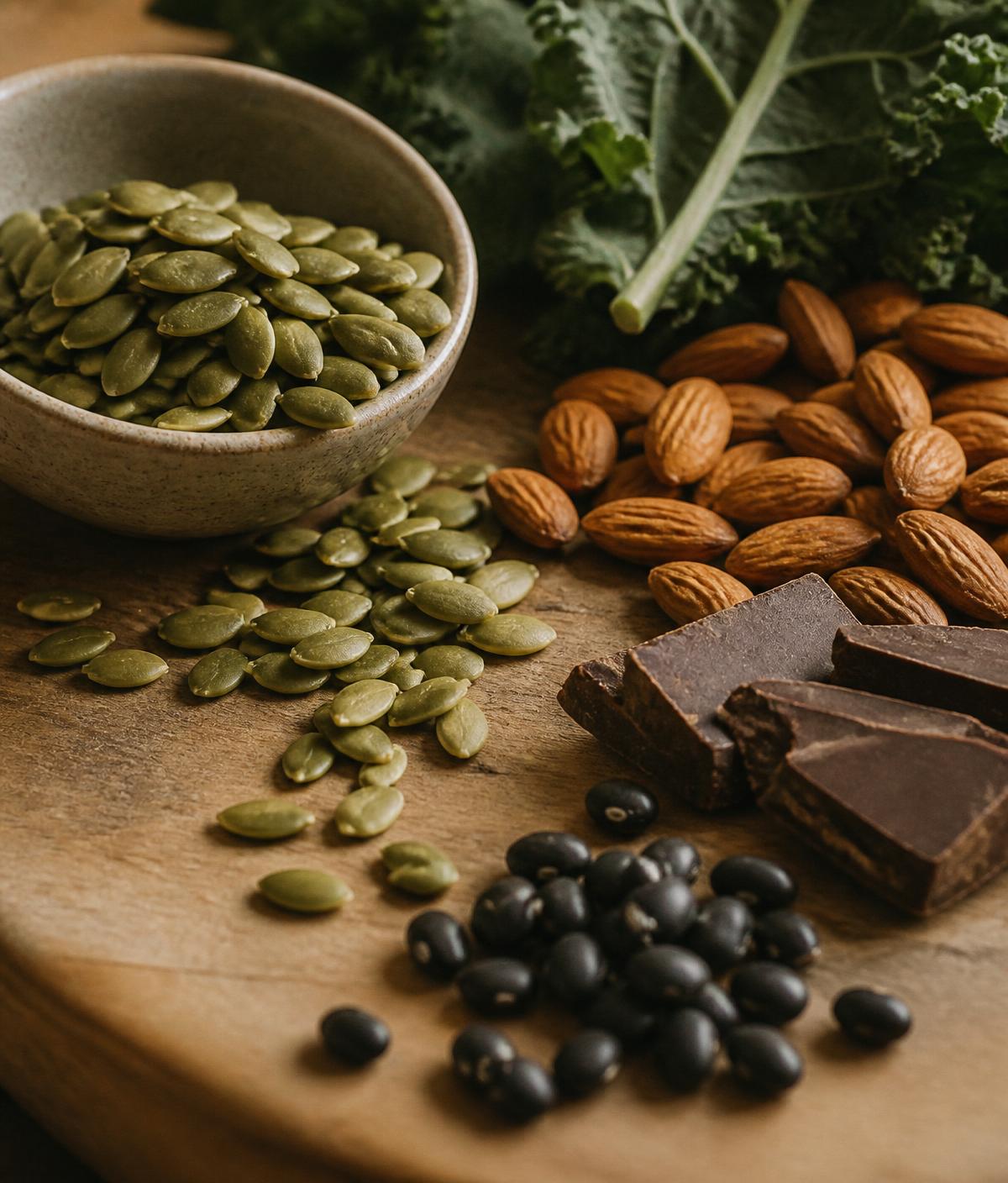 Pumpkin seeds, almonds, dark leafy greens, cacao and black beans on a wooden surface.