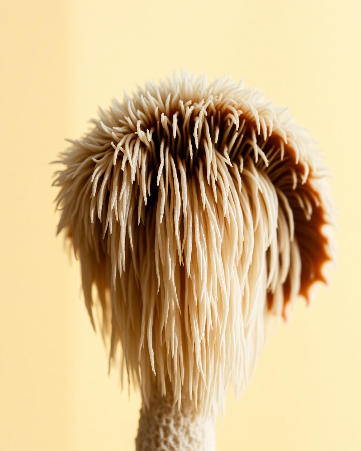 Close macro view of a Lion's Mane mushroom (Hericium erinaceus) with cascading white spines.