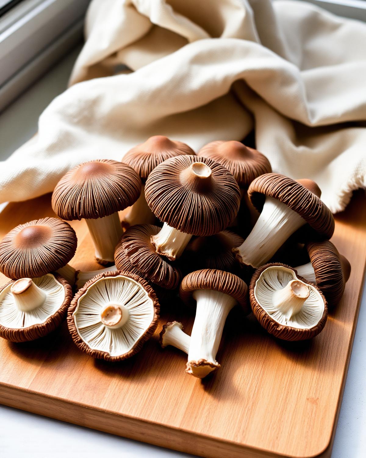 Fresh Shiitake mushrooms (Lentinula edodes) with brown caps and visible gills, arranged on a wooden board.