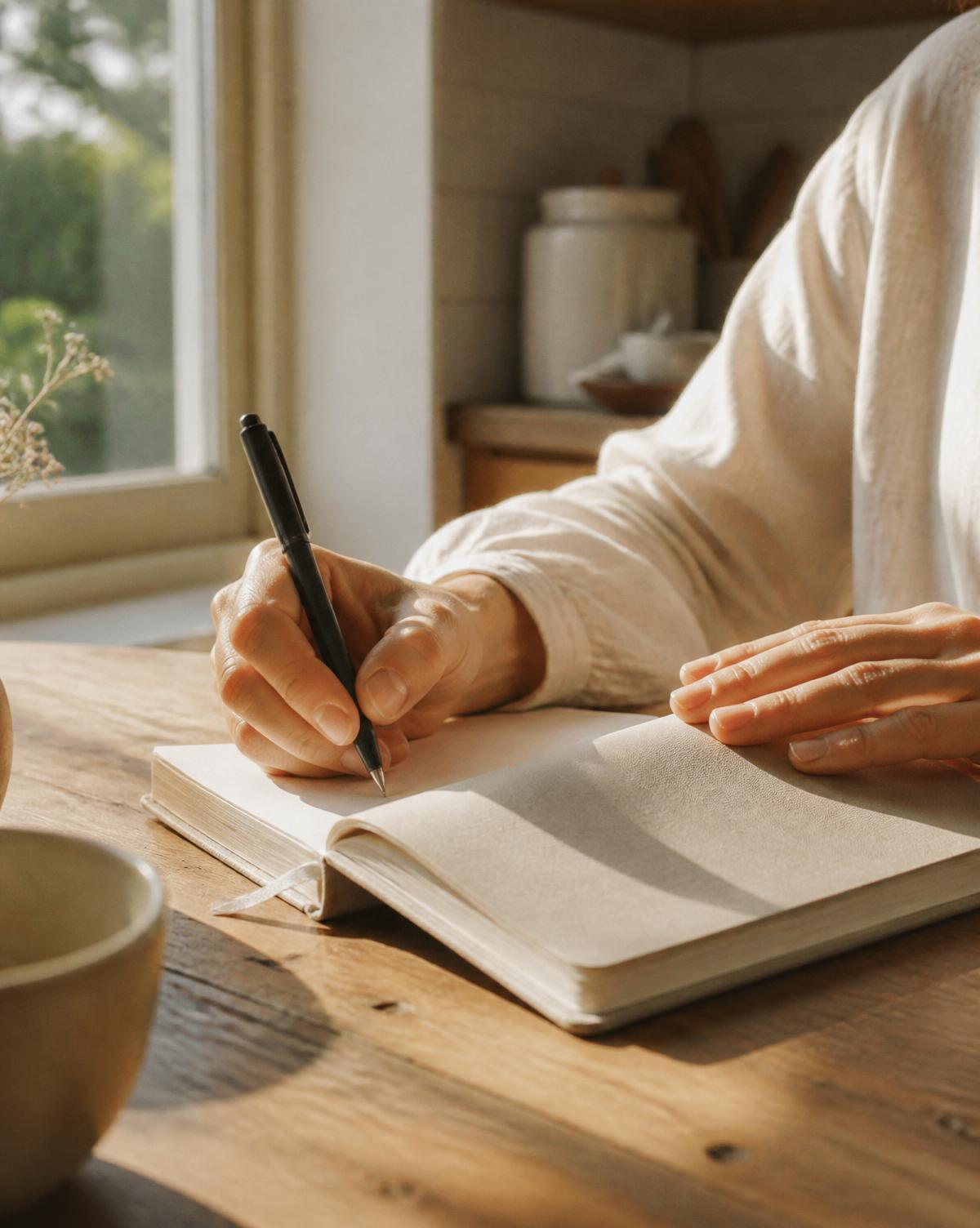 Hands writing in a linen-bound notebook beside a sunlit window.