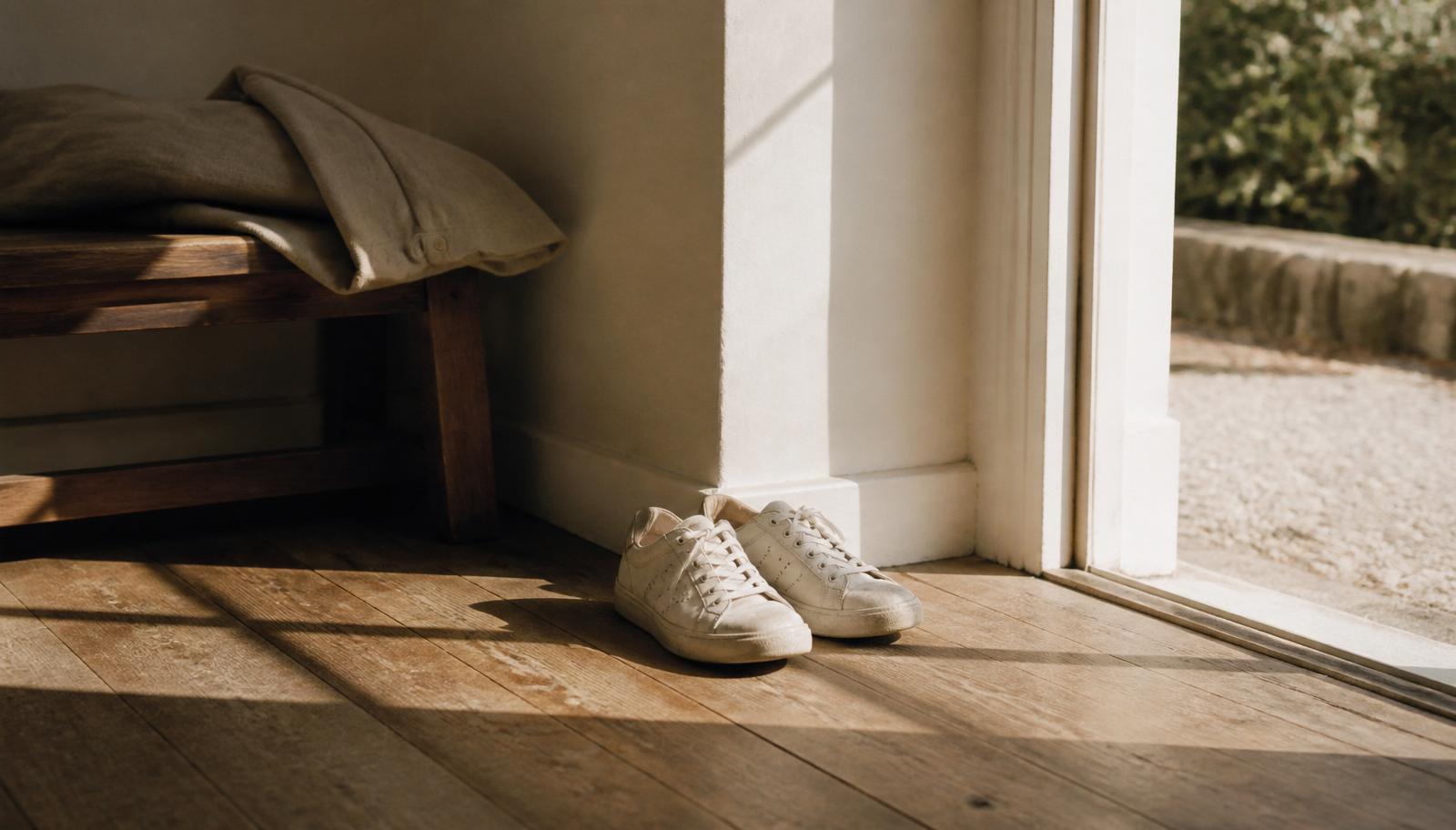 Worn white trainers by a doorway in warm first-light morning sun.