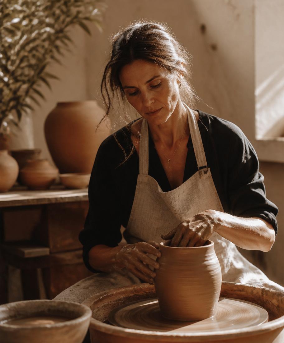 A woman absorbed in making pottery in warm daylight.