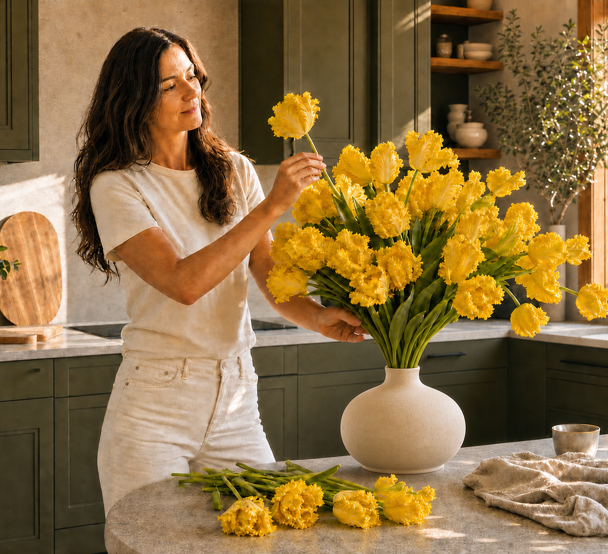 A woman arranging yellow flowers in a sunlit olive-green kitchen.