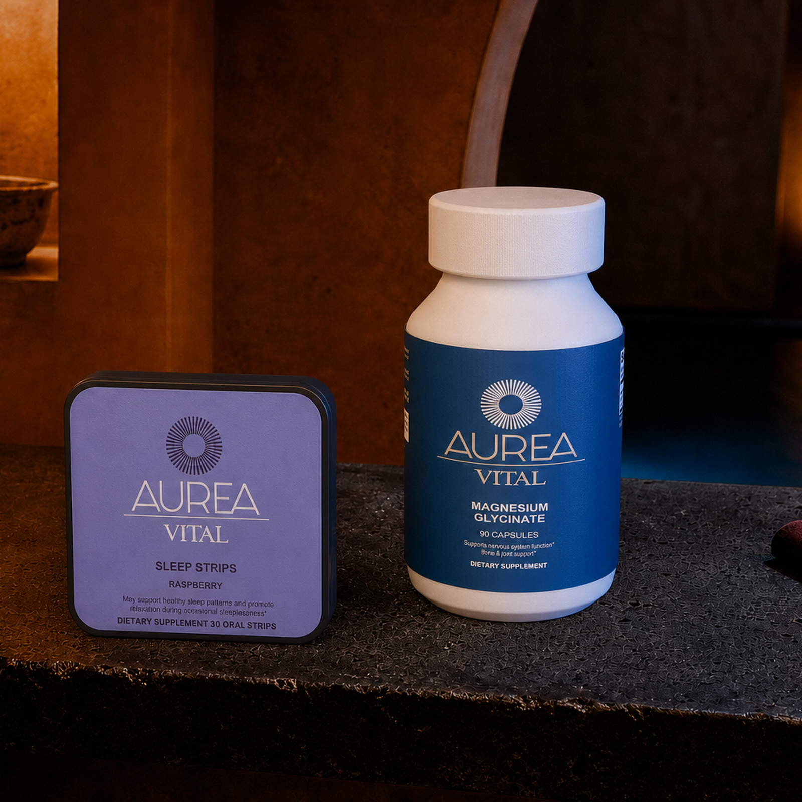 Raspberry Sleep Strips and Magnesium Glycinate in warm evening light