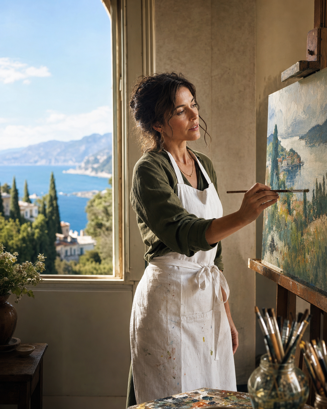 A woman painting a landscape in her studio
