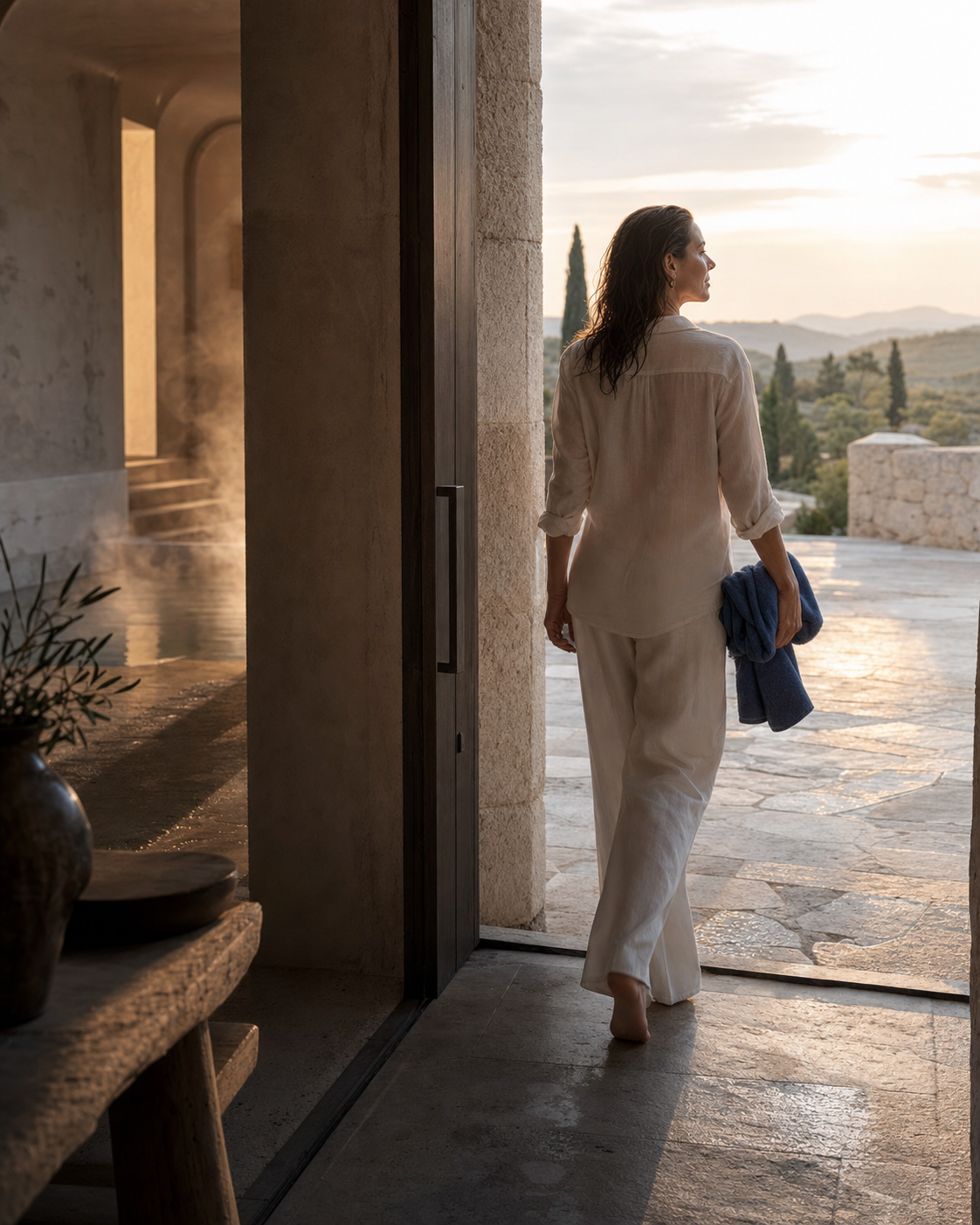 A woman returning from the bathhouse into the evening