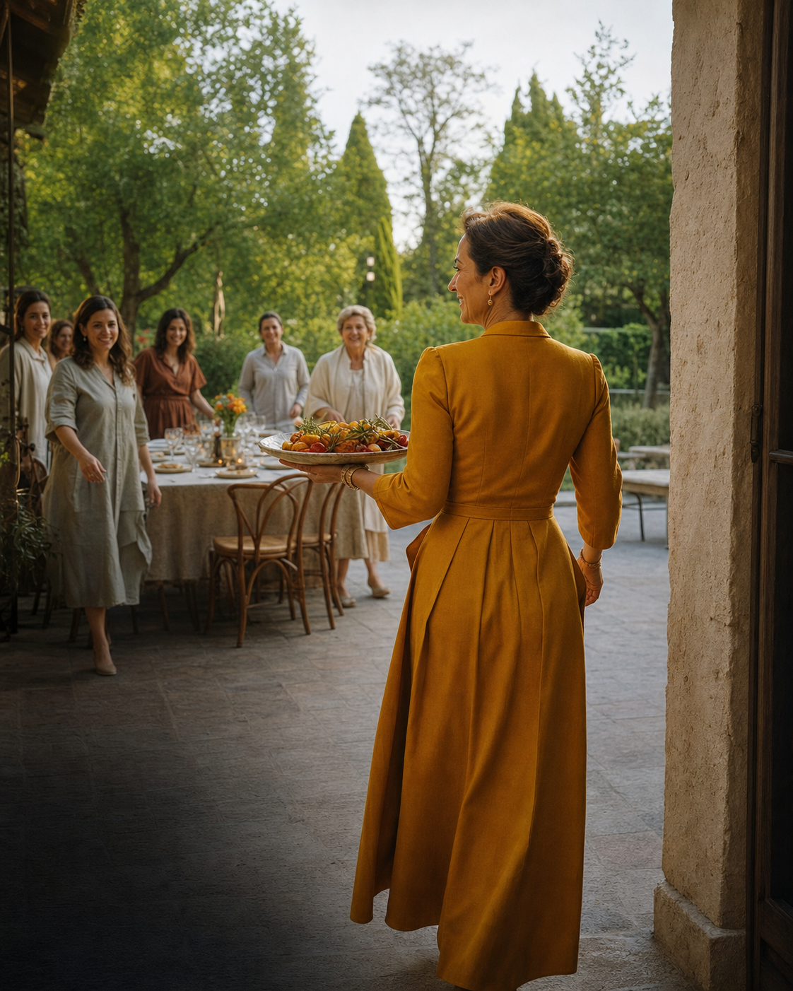 A woman joining friends around a shared table