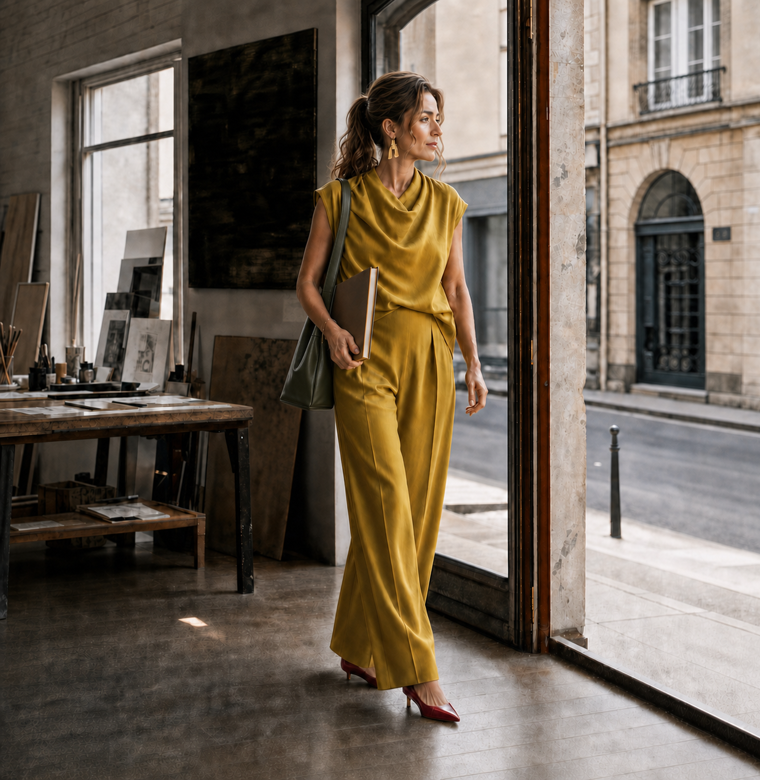 A woman stepping from her creative studio into the day